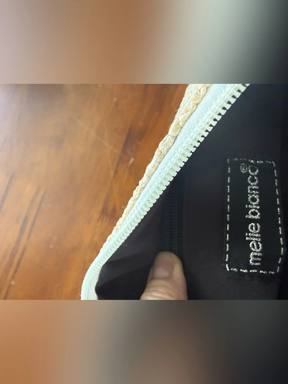 Melie Bianco Cream Knit Zip Pouch with Black Script